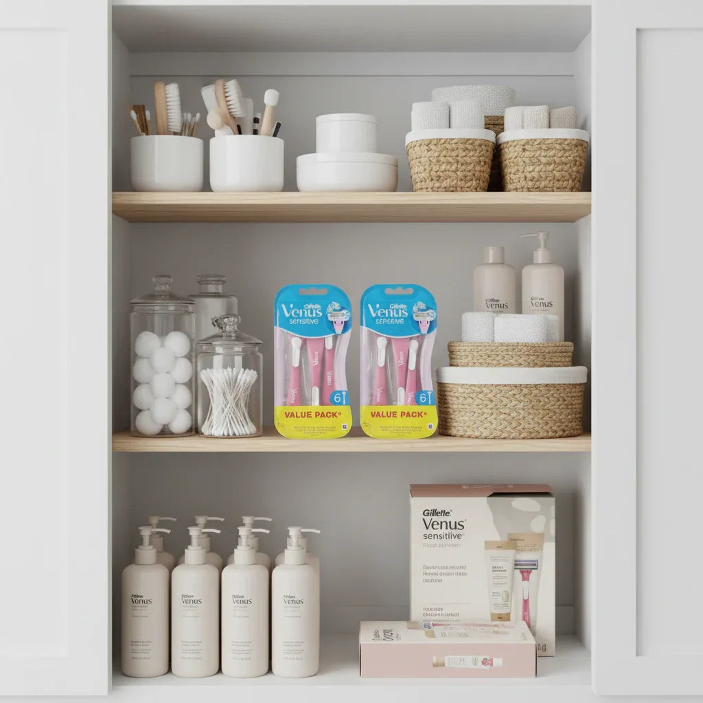 Gillette Venus Sensitive 12ct Value Pack in organized body care pantry white wood cabinet with grooming essentials