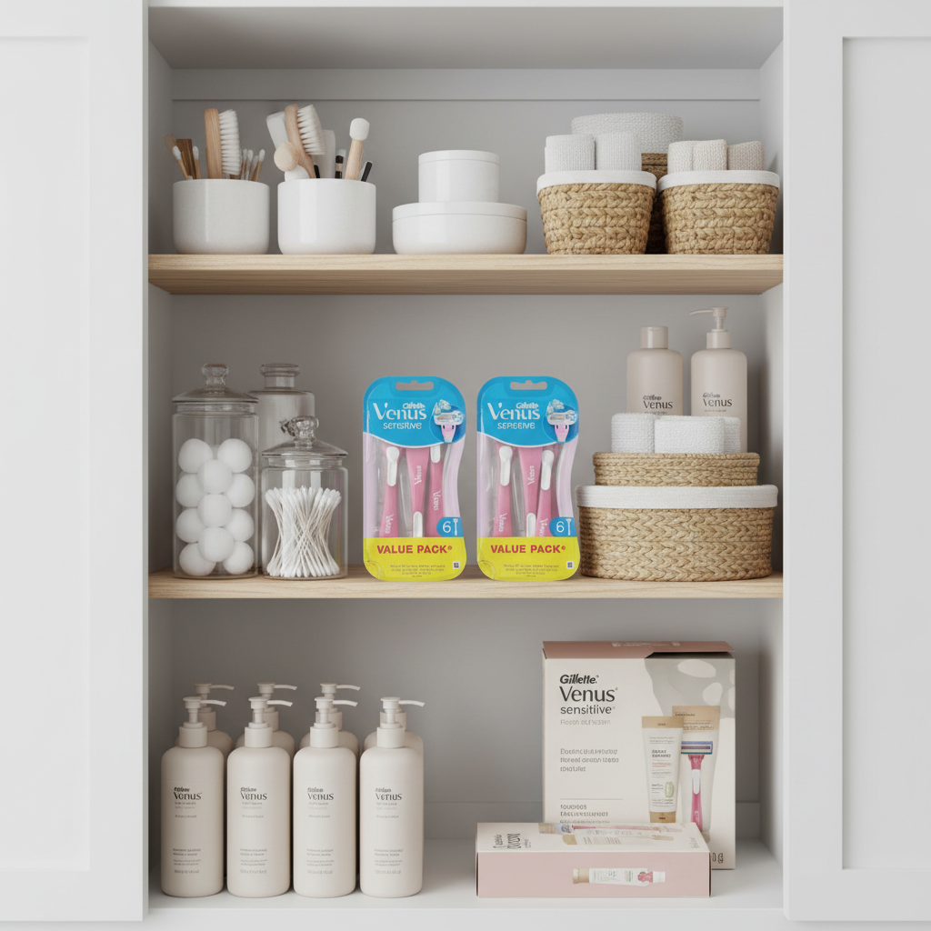 Gillette Venus Sensitive 12ct Value Pack in organized body care pantry white wood cabinet with grooming essentials