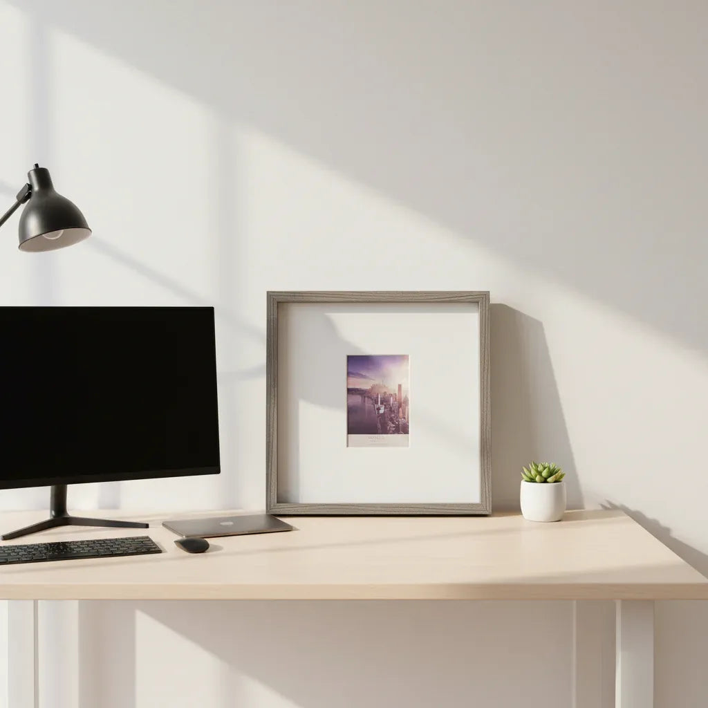 Minimalist home office display featuring a large square grey wood grain portrait frame