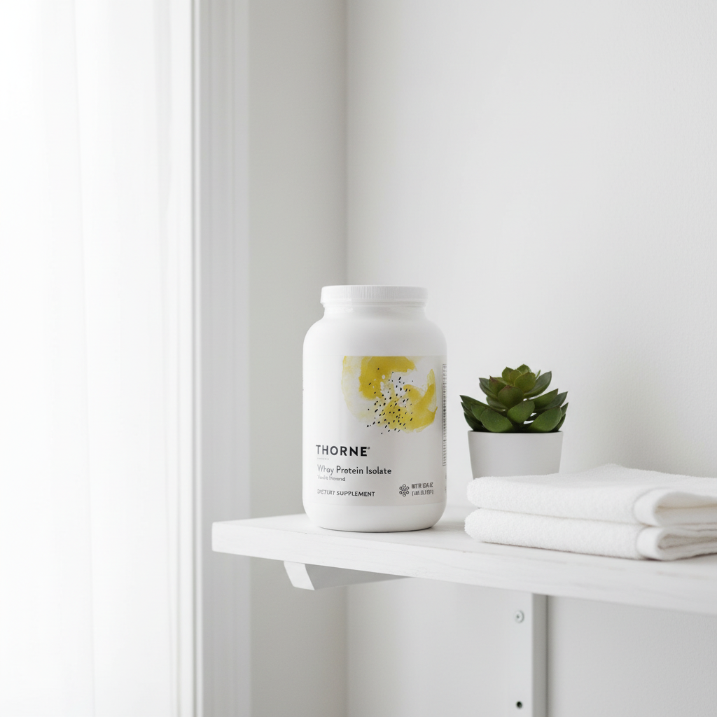 White Thorne Whey Protein Isolate tub on a white wooden shelf in a bright minimalist home wellness corner with a small plant and folded white towel.