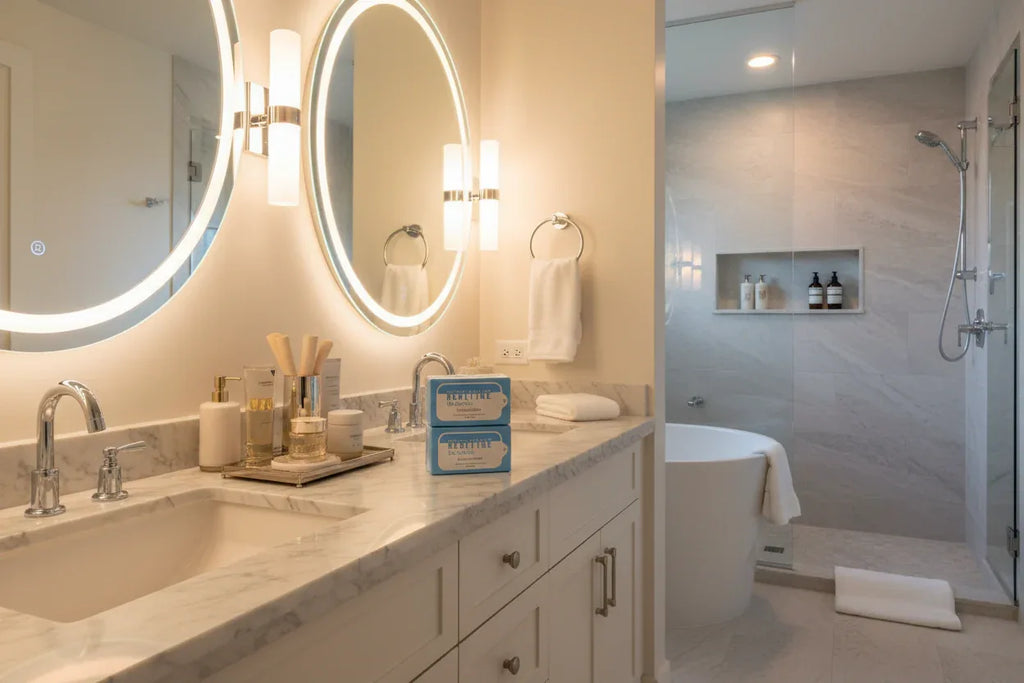 Modern master bathroom interior with Rodan + Fields Redefine Eye Cloths on marble countertop