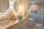 Modern master bathroom interior with Rodan + Fields Redefine Eye Cloths on marble countertop