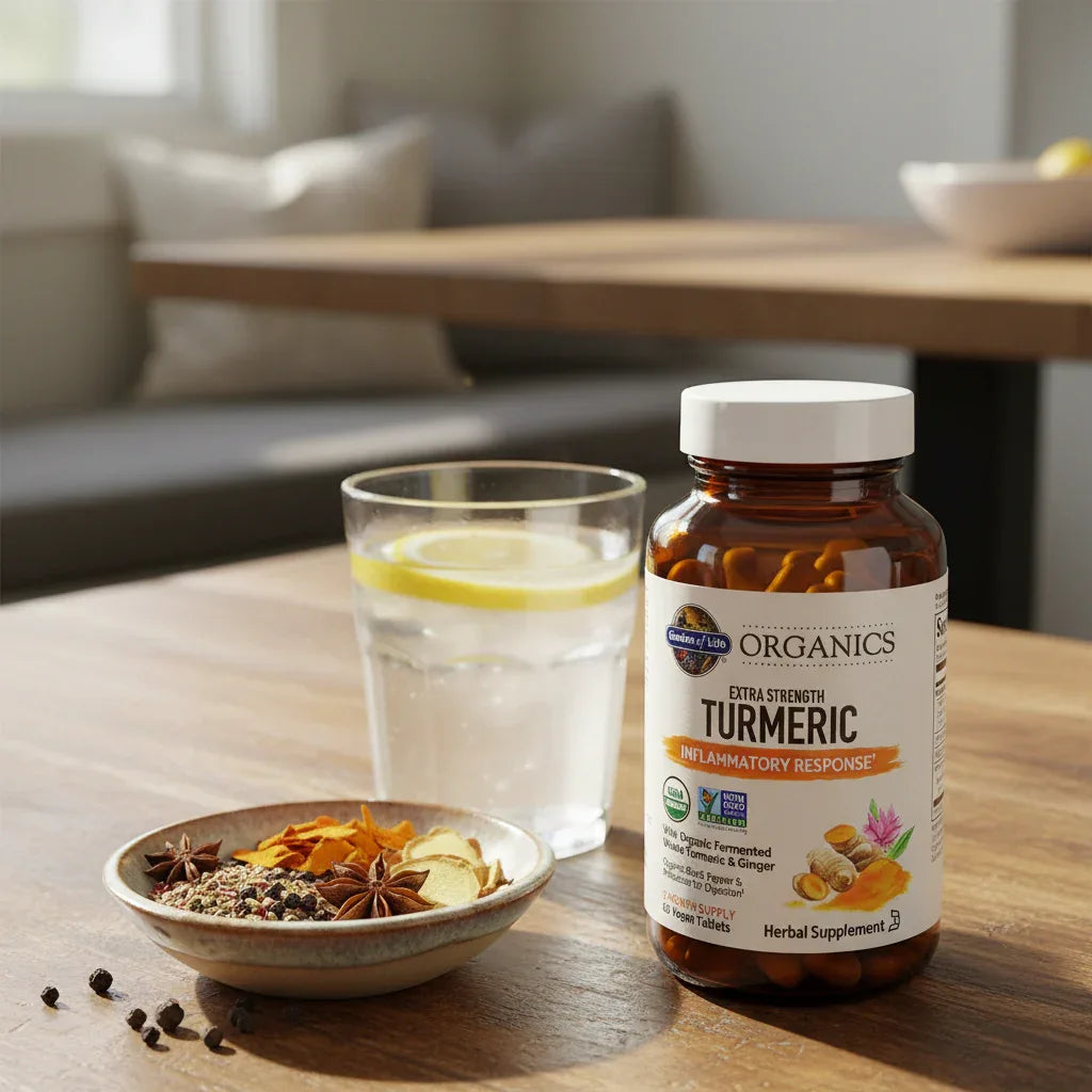 Garden of Life Extra Strength Turmeric amber bottle on wooden breakfast nook with fresh glass of lemon water and ceramic dish of organic spices