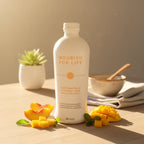 White premium botanical supplement bottle in bright morning sunlight on natural wood surface, warm golden hour light