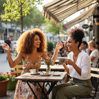 Two women with beautiful curly and coily natural hair laughing together at outdoor cafe sunny day lifestyle photo