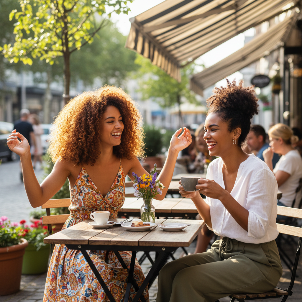 Two women with beautiful curly and coily natural hair laughing together at outdoor cafe sunny day lifestyle photo