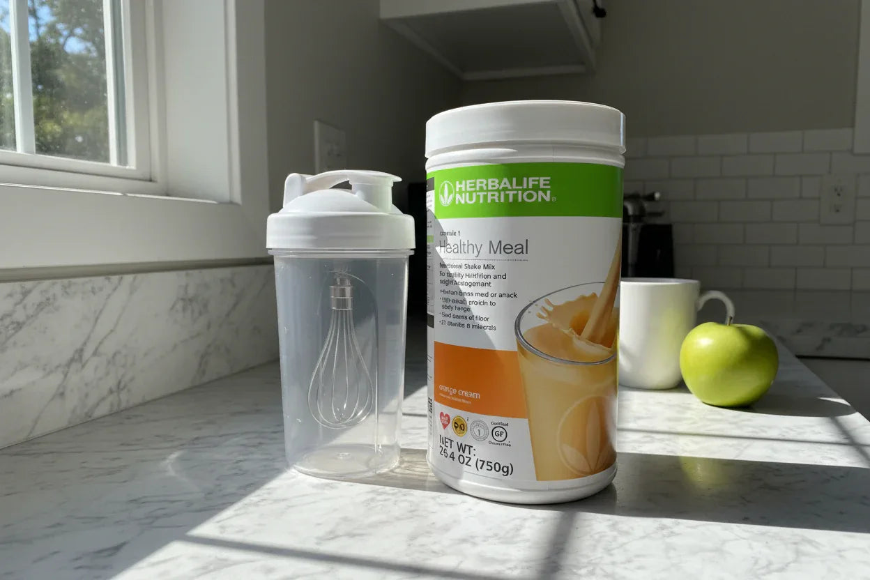 Herbalife Formula 1 Orange Cream canister on a clean morning kitchen counter with natural sunlight and shaker bottle