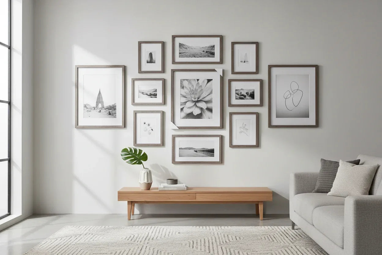 Gallery wall arrangement featuring weathered grey wood picture frames in a modern living space