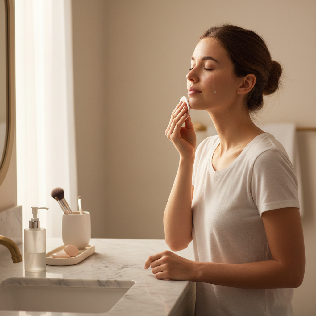 Woman gently wiping her face with a cotton pad at a bright bathroom vanity, morning skincare routine
