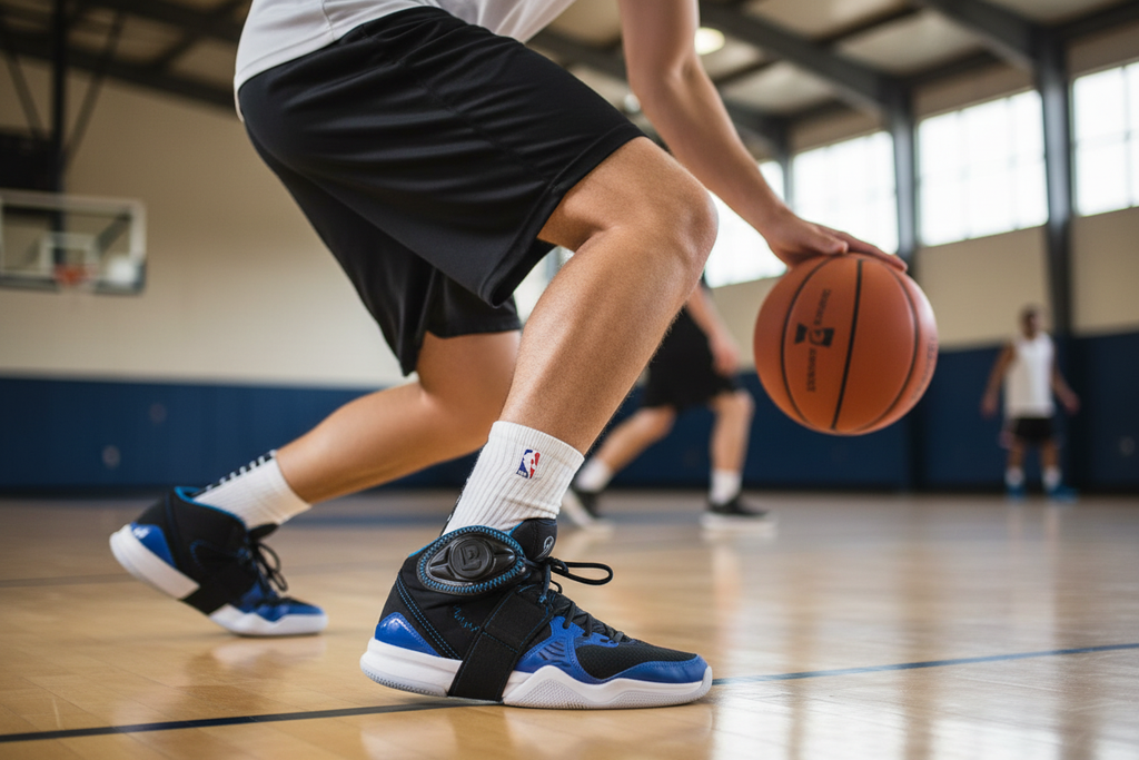 G-Form Pro Ankle Guards L/XL worn by basketball player making lateral cut on court