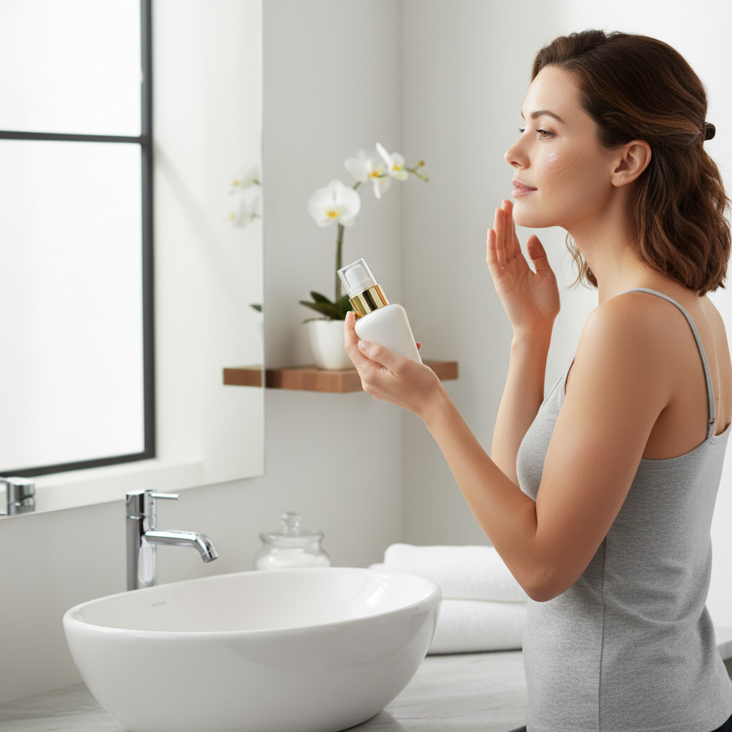 Woman smoothing lightweight serum over her face and neck in soft morning light during skincare routine