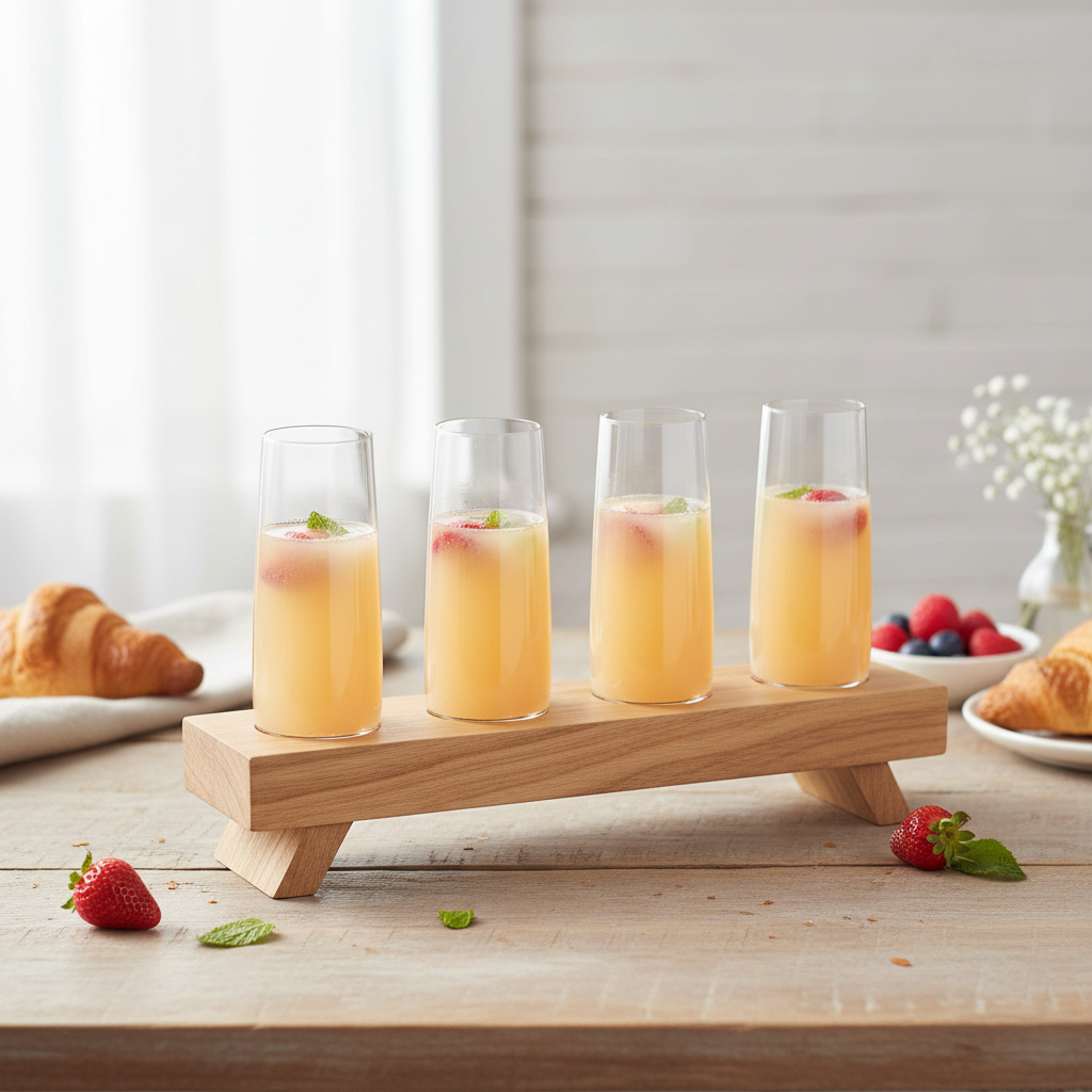 AI-generated lifestyle image of a Mason Craft and More mimosa set with exactly four tall clear champagne glasses on one wood tray in an airy brunch setting.
