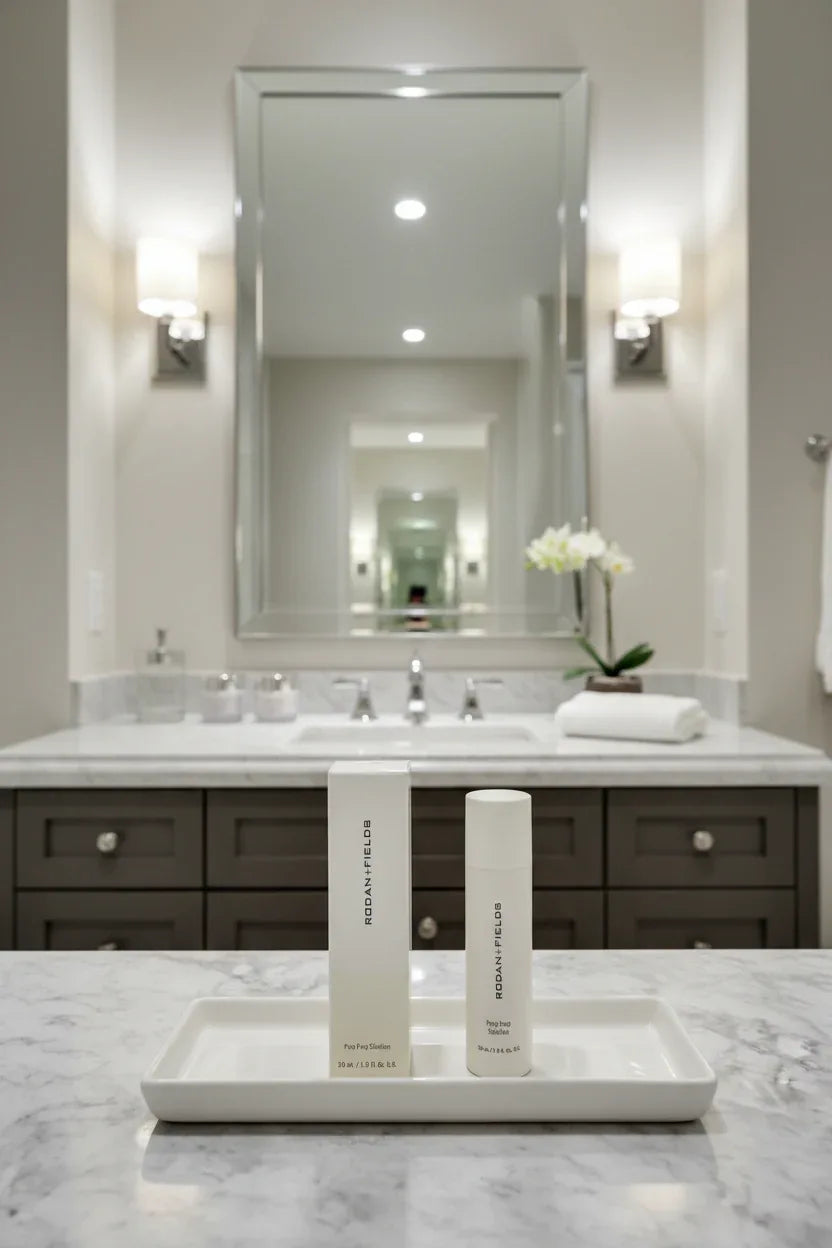 Rodan + Fields Pore Prep Solution on luxury bathroom vanity with neutral lighting on white ceramic tray