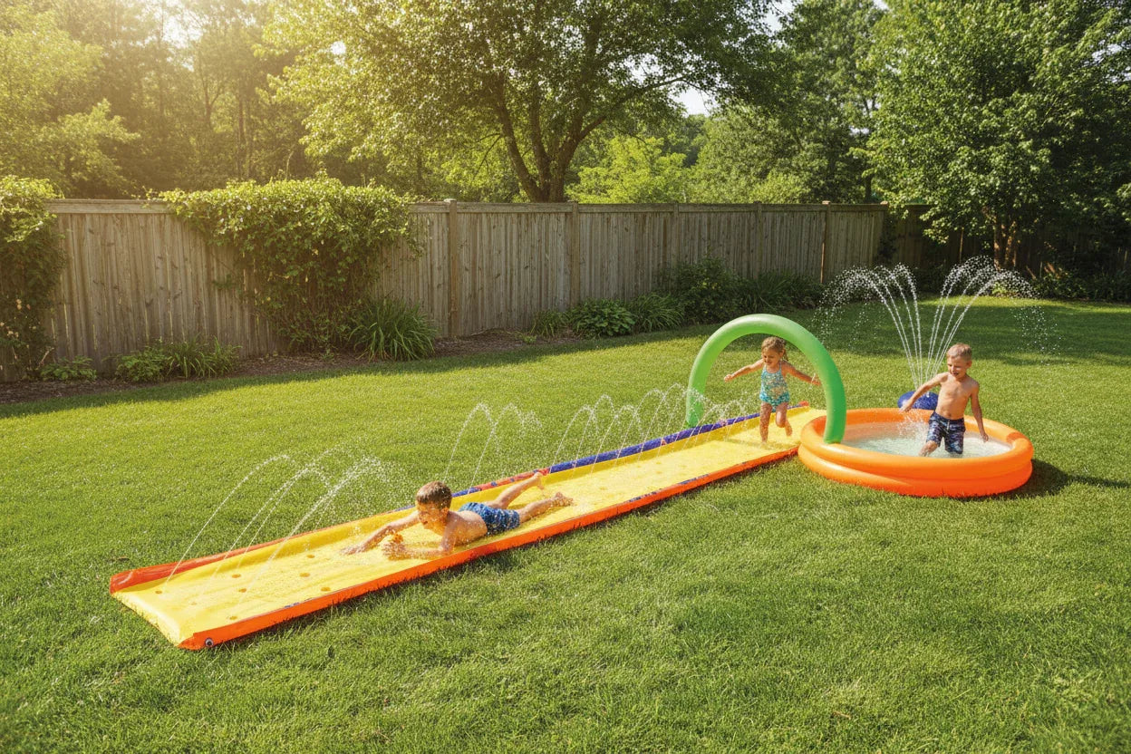 Wham-O Slip N Slide Water Park on suburban backyard lawn sunny summer afternoon