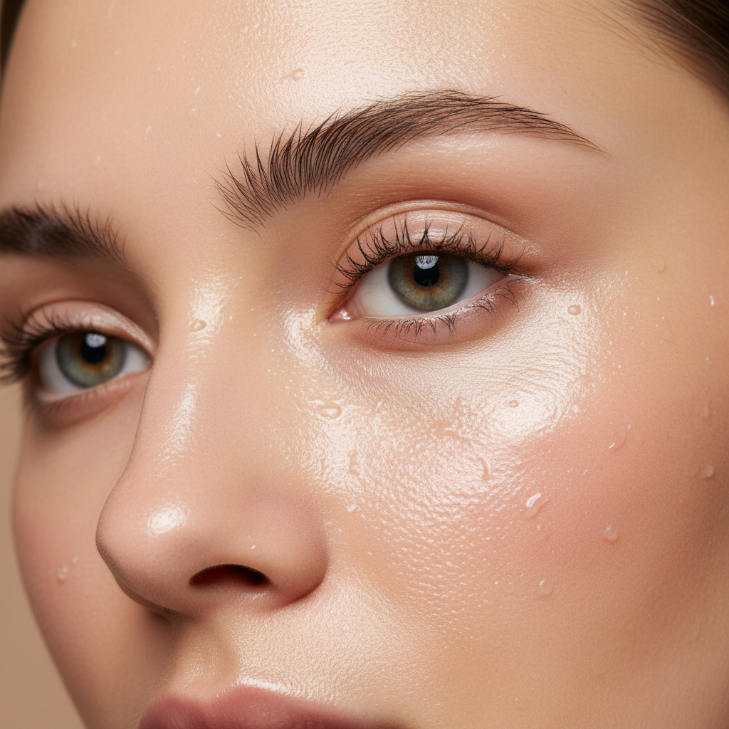 Close-up of deeply hydrated, plump, dewy skin after a moisture-renewing gel mask