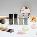 Mary Kay nail lacquer bottles in professional beauty flat-lay with makeup brushes, compact mirror, and rose petals.