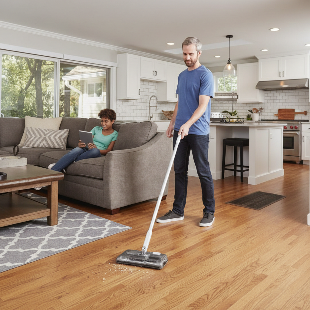 Black+Decker HFS115J10 Lithium Powered Floor Sweeper being used on hardwood kitchen floor - More4less Outlet