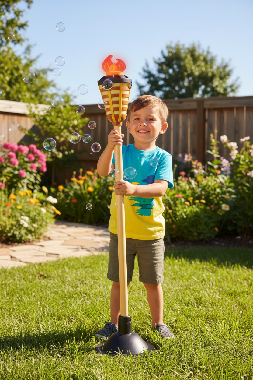 Maxx Bubbles Tiki Torch Bubbler child holding it sunny backyard garden bubbles everywhere