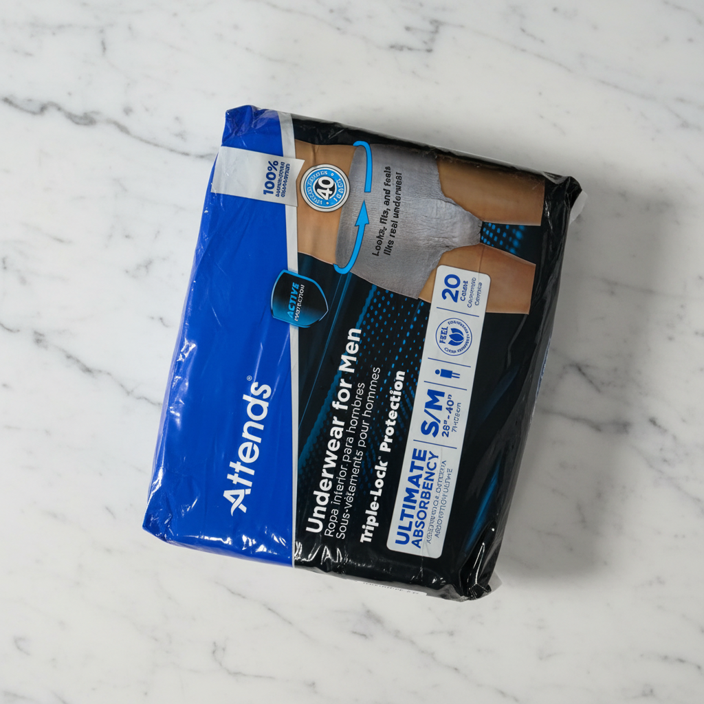 Lifestyle flat lay of sealed blue and black Attends Men's Underwear S/M 20 Count package on white marble surface