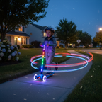 Child riding blue folding kick scooter at dusk with glowing LED lights on stem and deck — Jetson Jupiter lifestyle — More4less Outlet