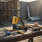 Professional construction gear including a framing nailer and hammer on a workbench