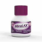 Close-up macro of a single MiraLAX Laxative Powder bottle (4.1 oz) — white bottle with purple cap and dark purple MiraLAX label showing Polyethylene Glycol 3350 and 7 Once-Daily Doses on a clean white background