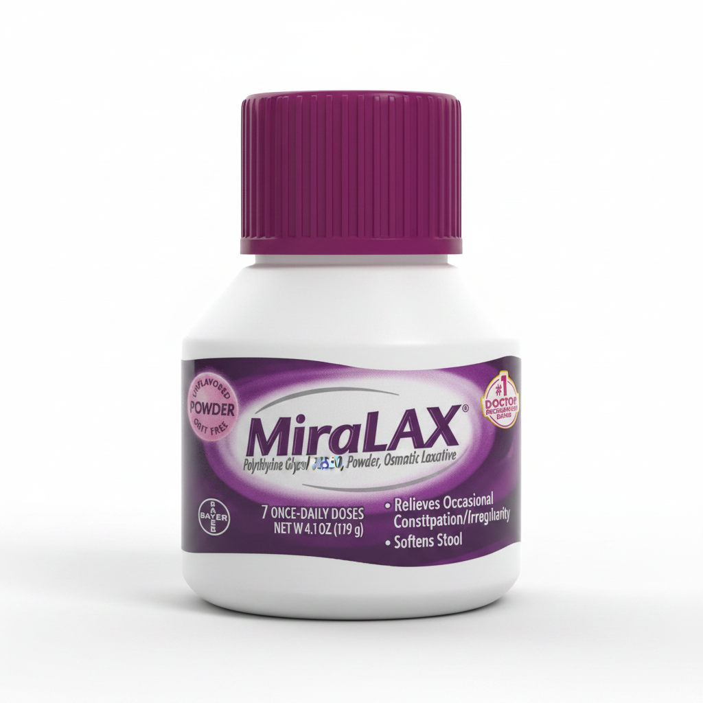 Close-up macro of a single MiraLAX Laxative Powder bottle (4.1 oz) — white bottle with purple cap and dark purple MiraLAX label showing Polyethylene Glycol 3350 and 7 Once-Daily Doses on a clean white background
