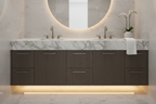Modern luxury bathroom vanity with brushed nickel hardware and neatly folded white linen towel