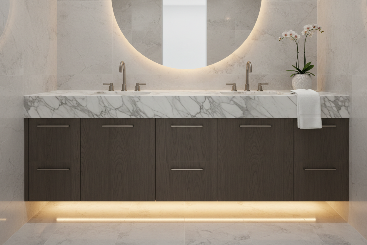 Modern luxury bathroom vanity with brushed nickel hardware and neatly folded white linen towel