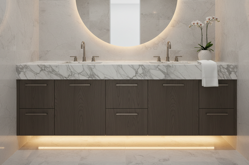 Modern luxury bathroom vanity with brushed nickel hardware and neatly folded white linen towel