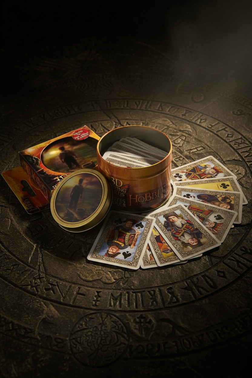 The Hobbit 3D playing cards collectible tin open beside fanned cards with dramatic cinematic golden glow — More4less Outlet