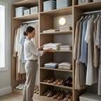 Woman organizing a walk-in closet illuminated by a battery-operated tap light mounted on the wall