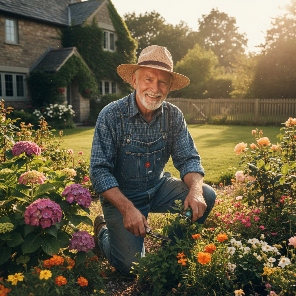 Older adult man gardening outdoors in a sunny backyard supporting active healthy aging