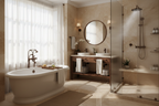 Elegant spa bathroom with soft sunlight highlighting oil-rubbed bronze hardware details