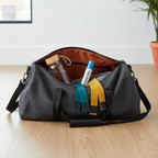 Open gym bag on wooden surface with water bottle, resistance bands, and compact pain relief roll-on