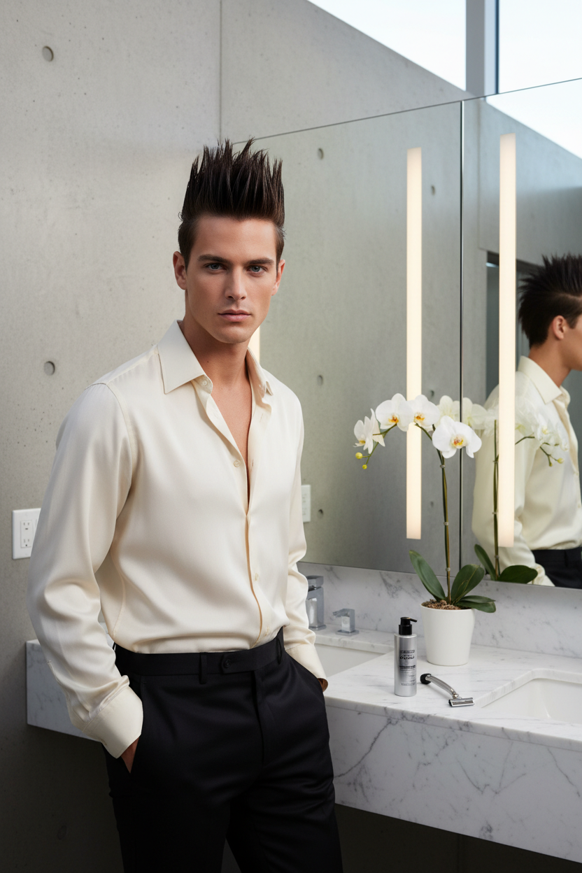 Stylish man with sculpted spiked hair grooming lifestyle photo