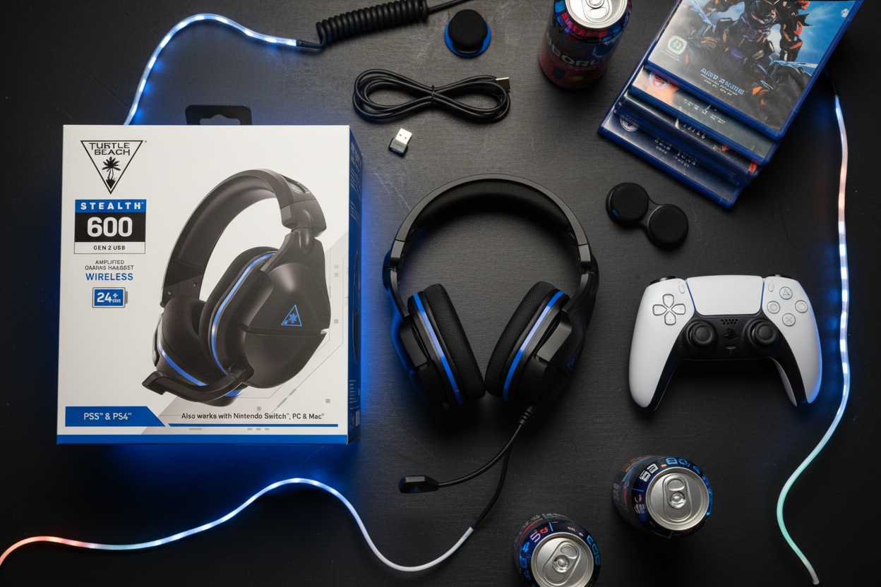 Turtle Beach Stealth 600 Gen 2 USB wireless gaming headset flat lay with PS5 DualSense controller and gaming accessories RGB lighting – More4less Outlet
