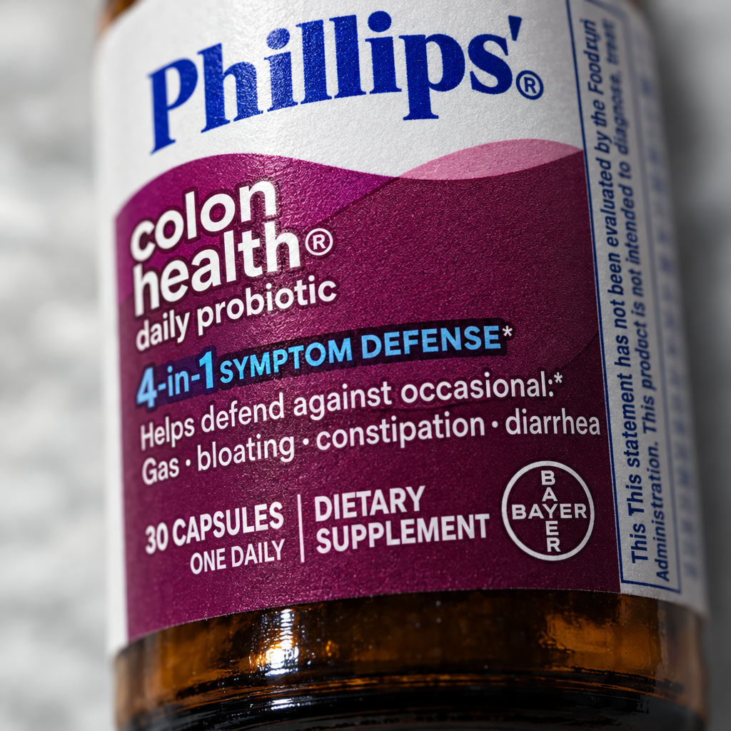 Close-up of the Phillips' Colon Health Daily Probiotic label showing 4-in-1 Symptom Defense details