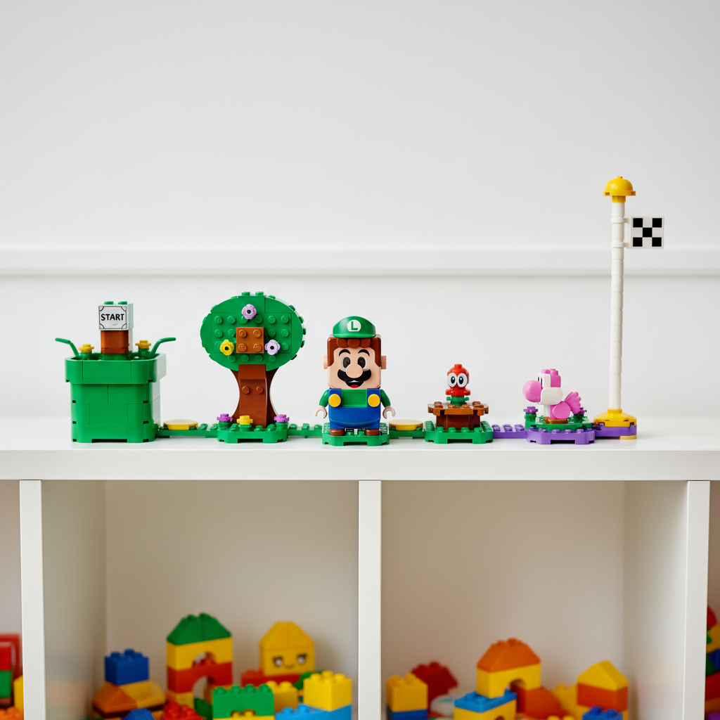 LEGO Super Mario Adventures with Interactive LEGO Luigi set 71440 — colorful built garden course with Start Pipe, Goal Pole, three garden builds, and interactive Luigi figure with LCD screen face on a bright white children's playroom shelf