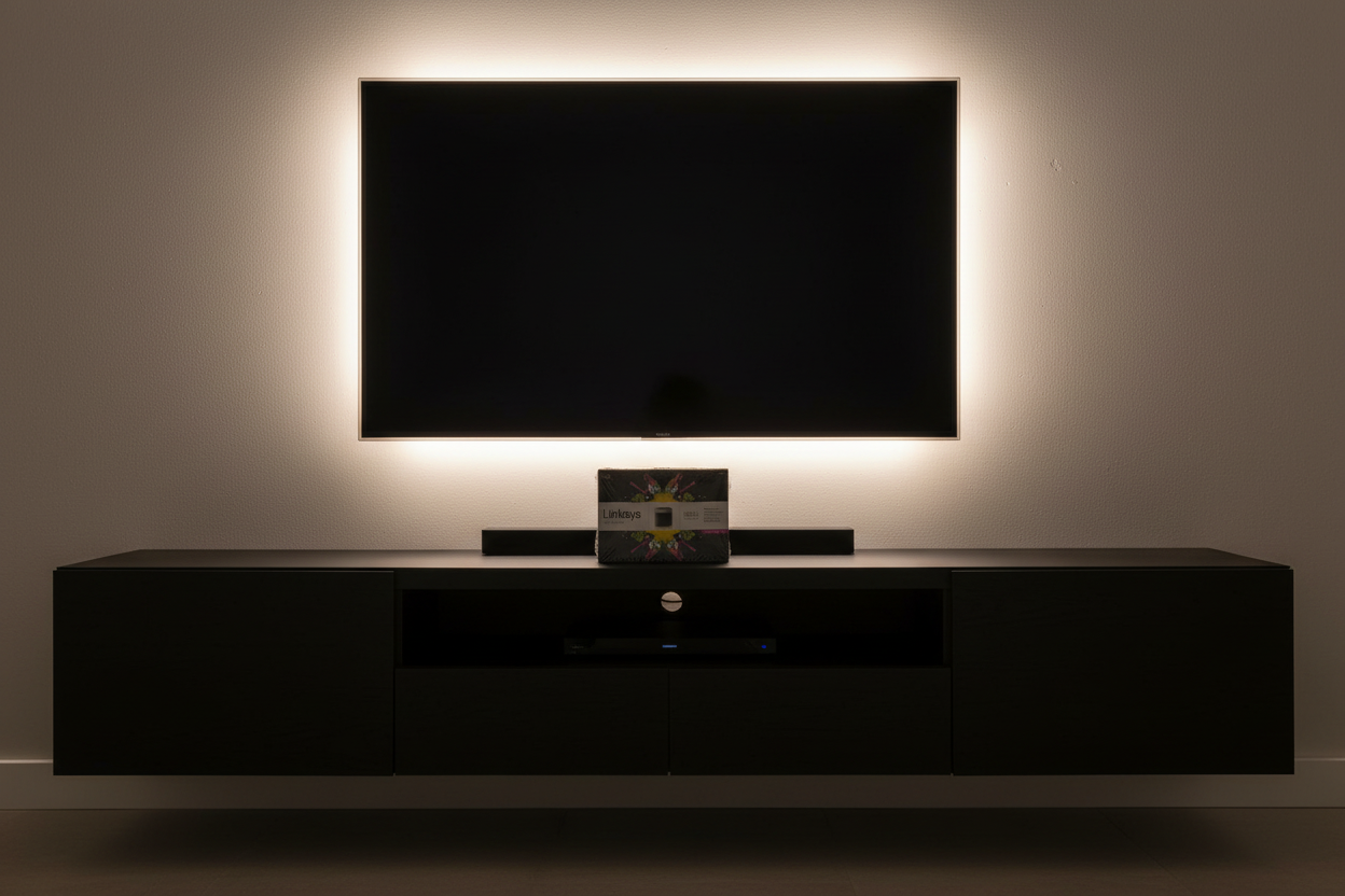 Cisco Linksys E2500 N600 Router box on dark media console under flat-screen TV with LED backlight — More4less Outlet