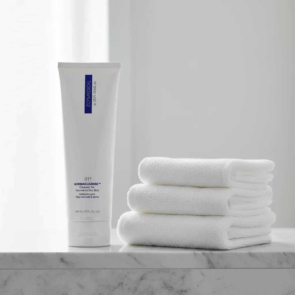 ZO Medical Normacleanse hydrating cleanser on stone bathroom shelf with fluffy white towels spa aesthetic