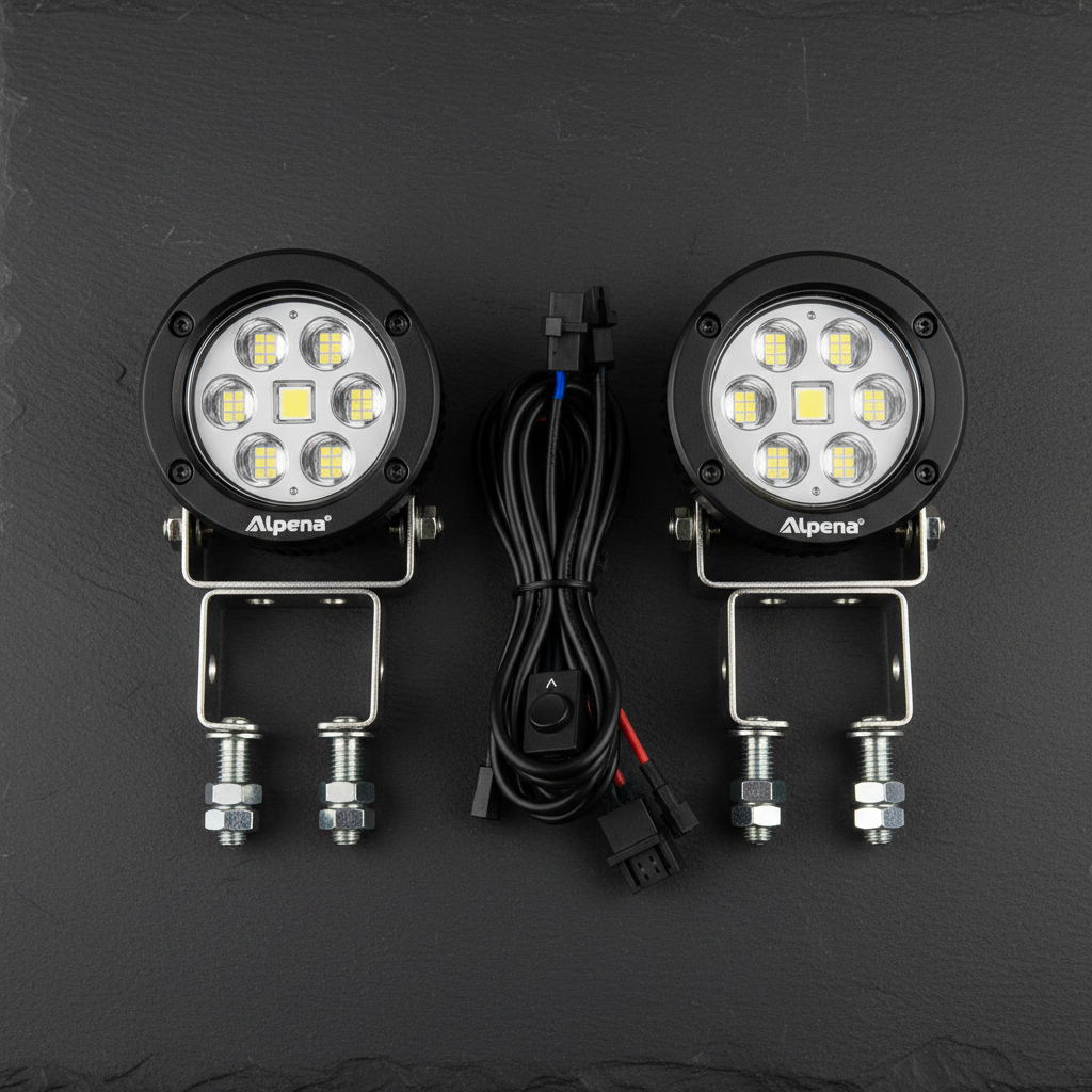 Alpena Spot Roamer LED fog lights 2-pack flat lay both round pods stainless steel brackets wiring harness dark surface - More4less Outlet