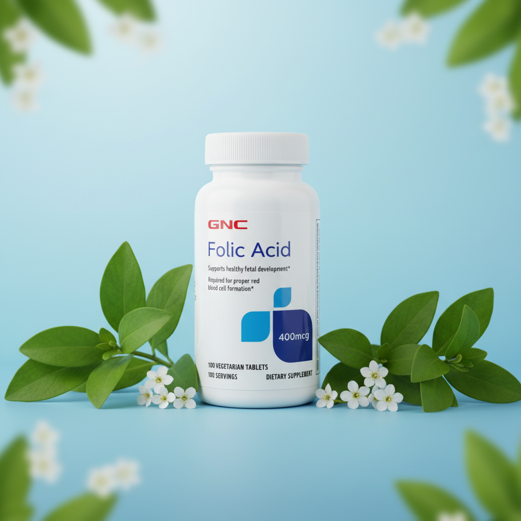 GNC Folic Acid bottle sky blue editorial with botanical leaves and white flower accents – More4less Outlet