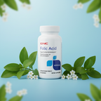 GNC Folic Acid bottle sky blue editorial with botanical leaves and white flower accents – More4less Outlet
