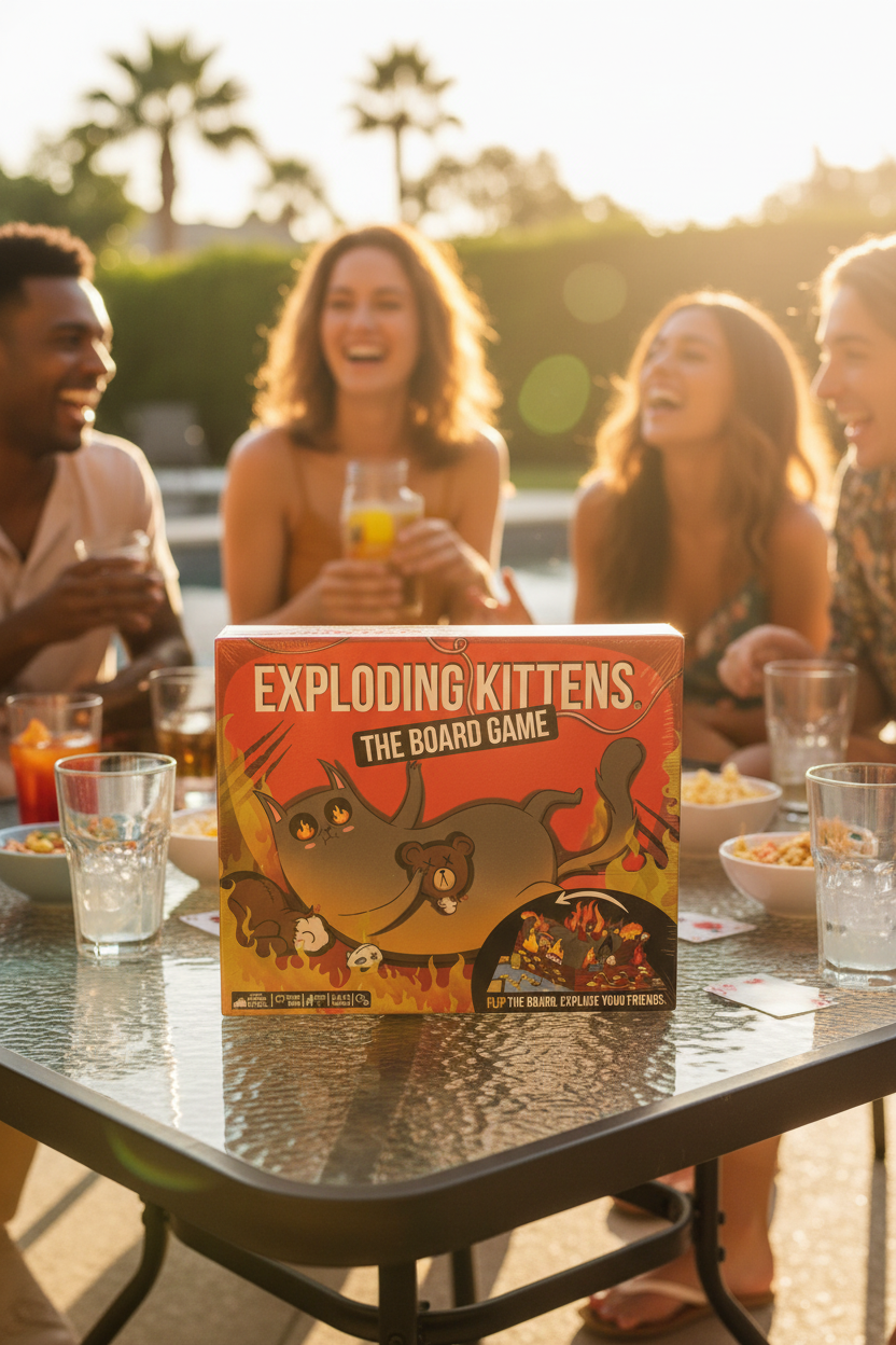 Exploding Kittens board game on outdoor glass patio table during golden hour social gathering with friends