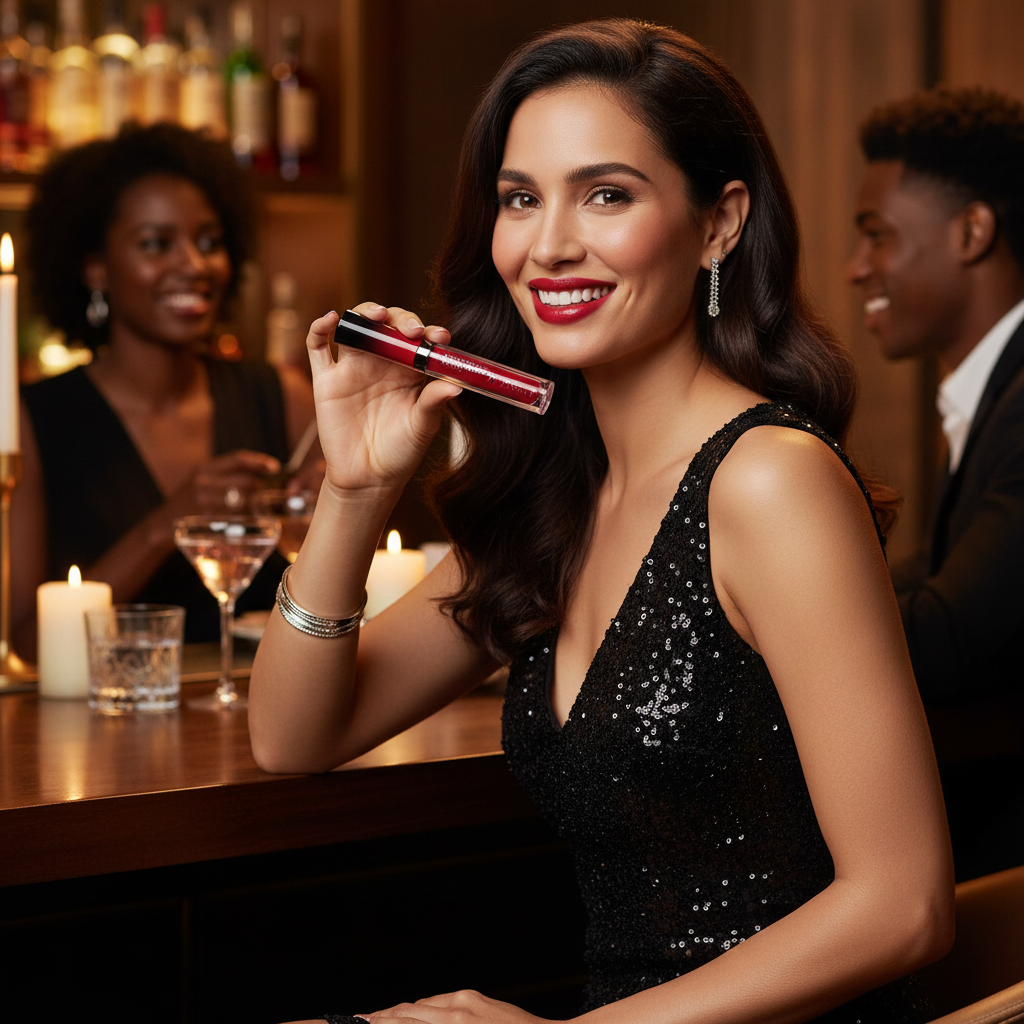 Confident woman in evening outfit with glossy lips holding Mary Kay Vinyl Lip Shine as gift-worthy beauty accessory
