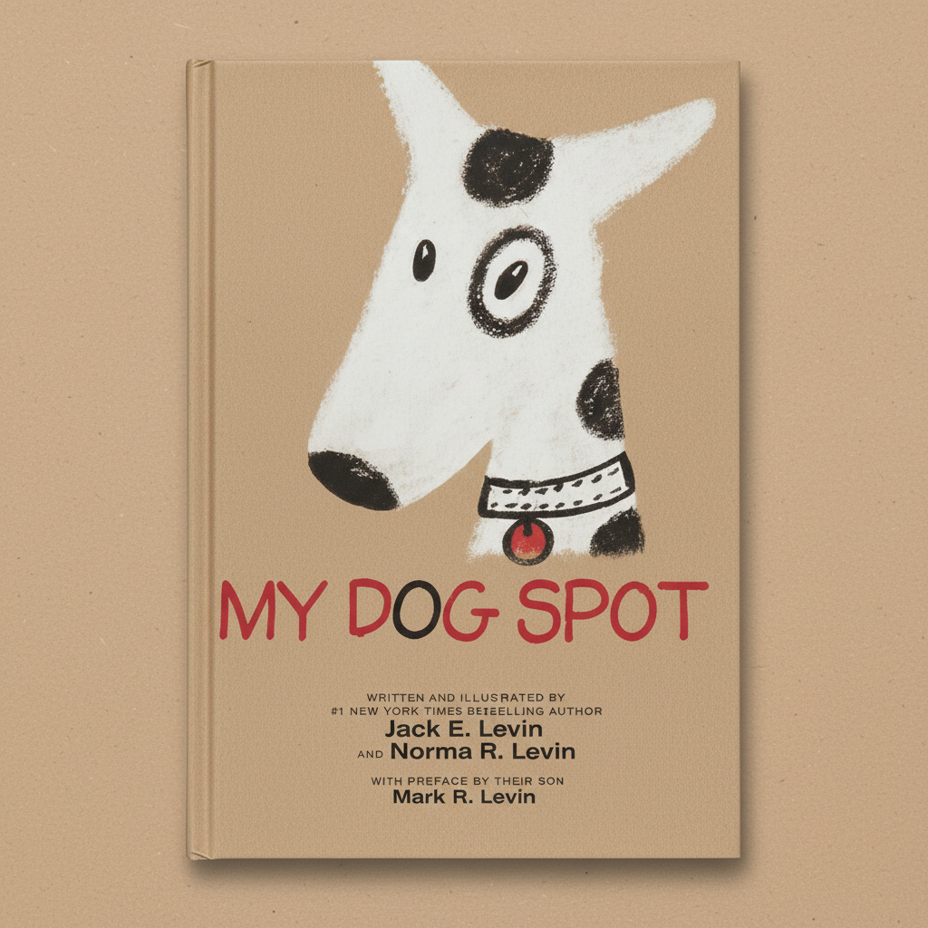 Close-up of front cover of My Dog Spot hardcover book showing illustrated white dog with black spots