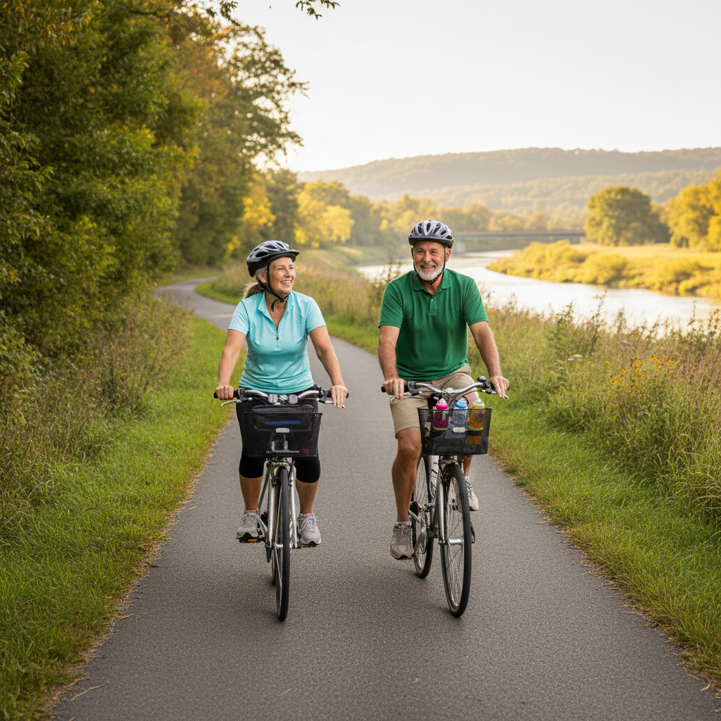 Active older couple taking a leisurely bike ride together on a scenic trail