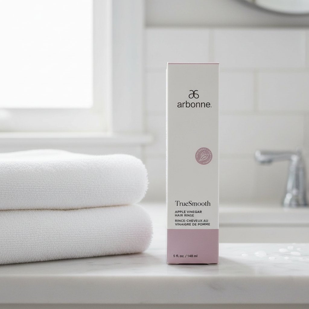 Arbonne TrueSmooth Apple Vinegar Hair Rinse 5 fl oz package on a bathroom vanity beside folded towels