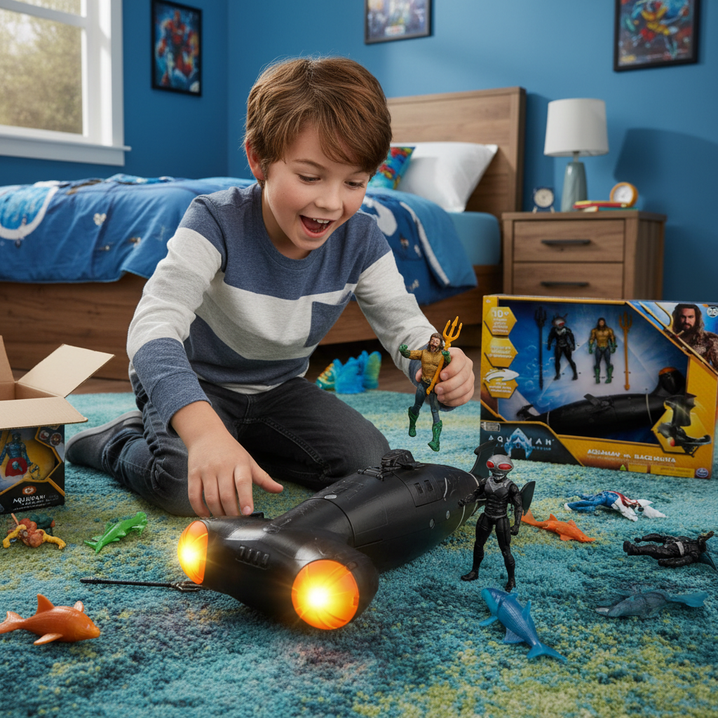 Young boy playing with Aquaman vs Black Manta battle playset with glowing Manta submarine — More4less Outlet lifestyle image